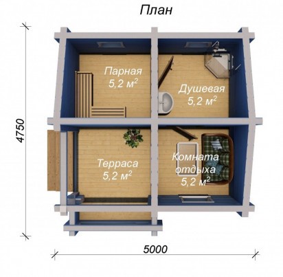 Баня 4750х5000 с террасой